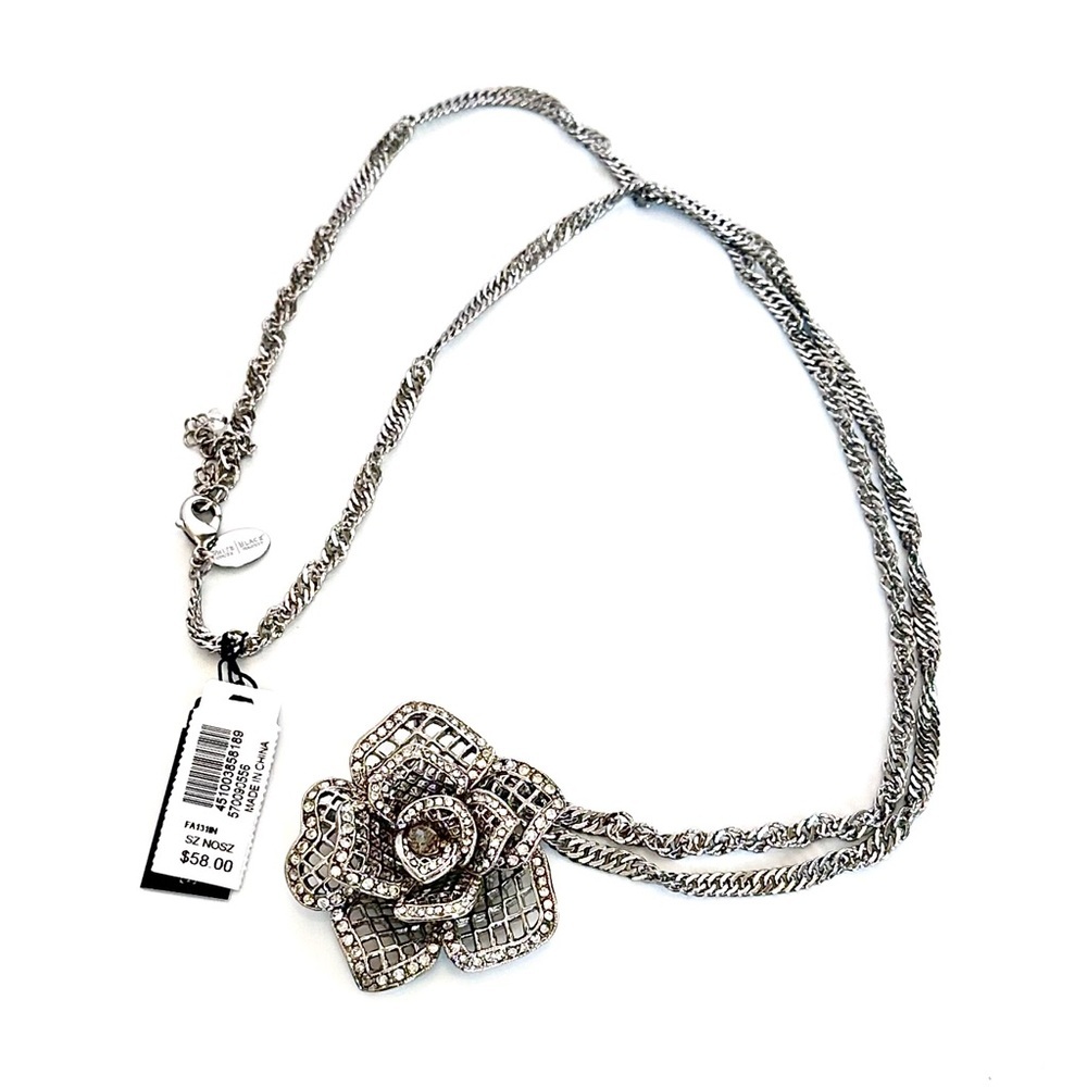 WHBM | Pave Crystal Silver Rose Pendant/Broach Convertible Necklace | NWT